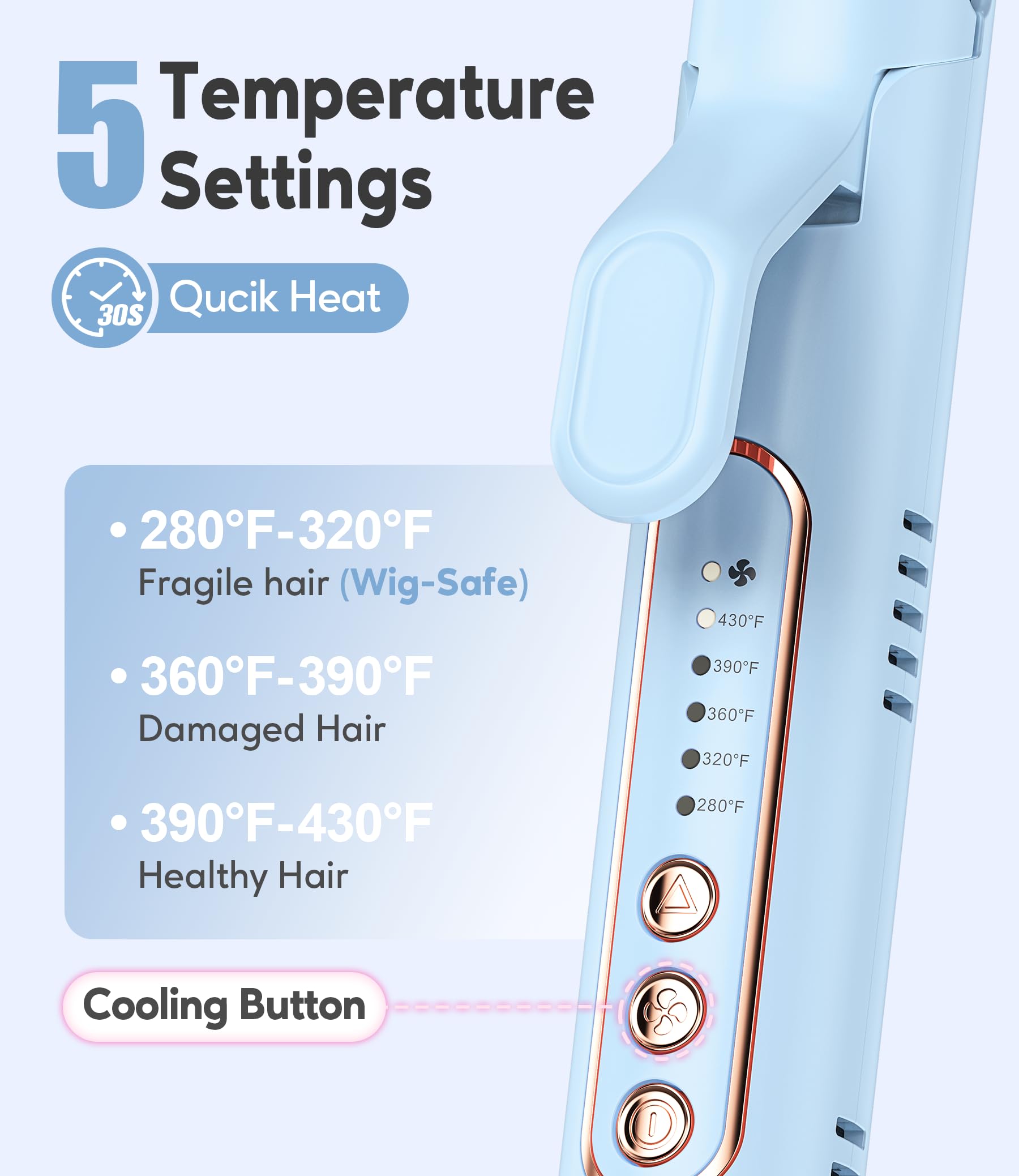 Five heat settings offer versatile control for different hair types on Farery iron.