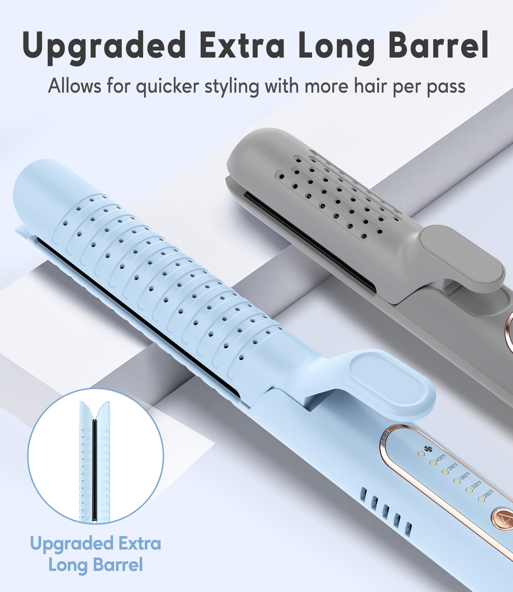 Blue Farery iron with long barrel delivering smooth curls with fewer passes.