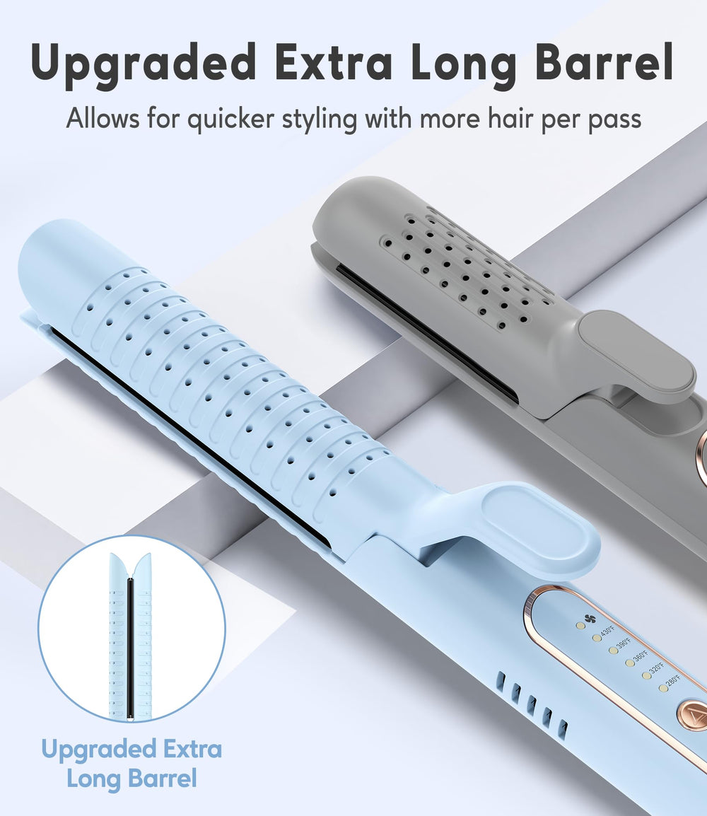 Blue Farery iron with long barrel delivering smooth curls with fewer passes.