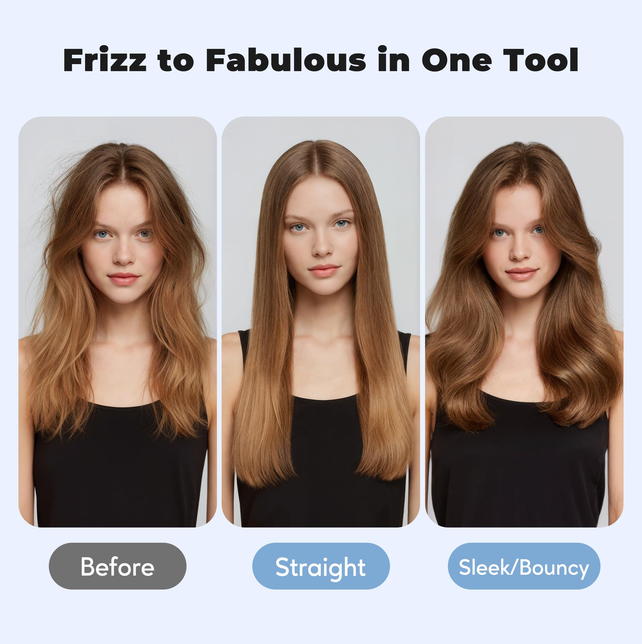 Farery five-heat-settings option shown for tailored styling choices.
