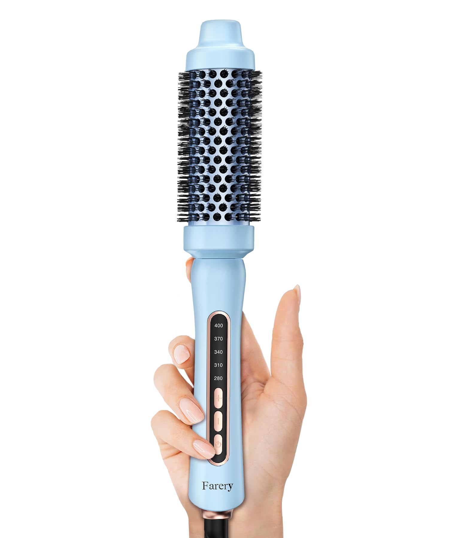 Farery Thermal Brush blue final look displays voluminous, polished curls