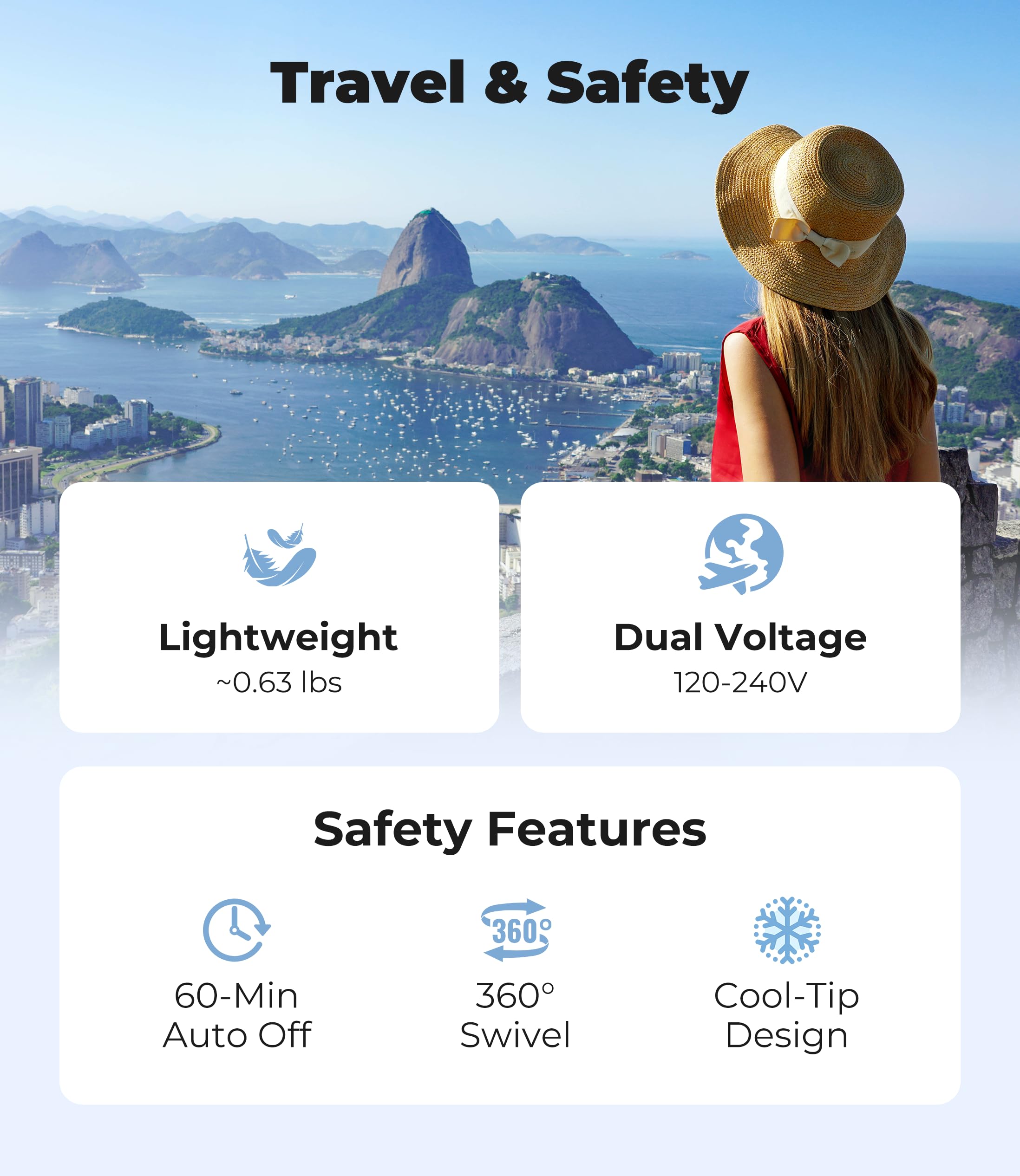 Farery dual voltage travel-ready design supports styling abroad