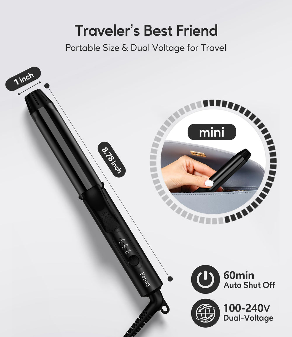 FARERY Travel Curling Iron safety stand keeps surfaces protected.