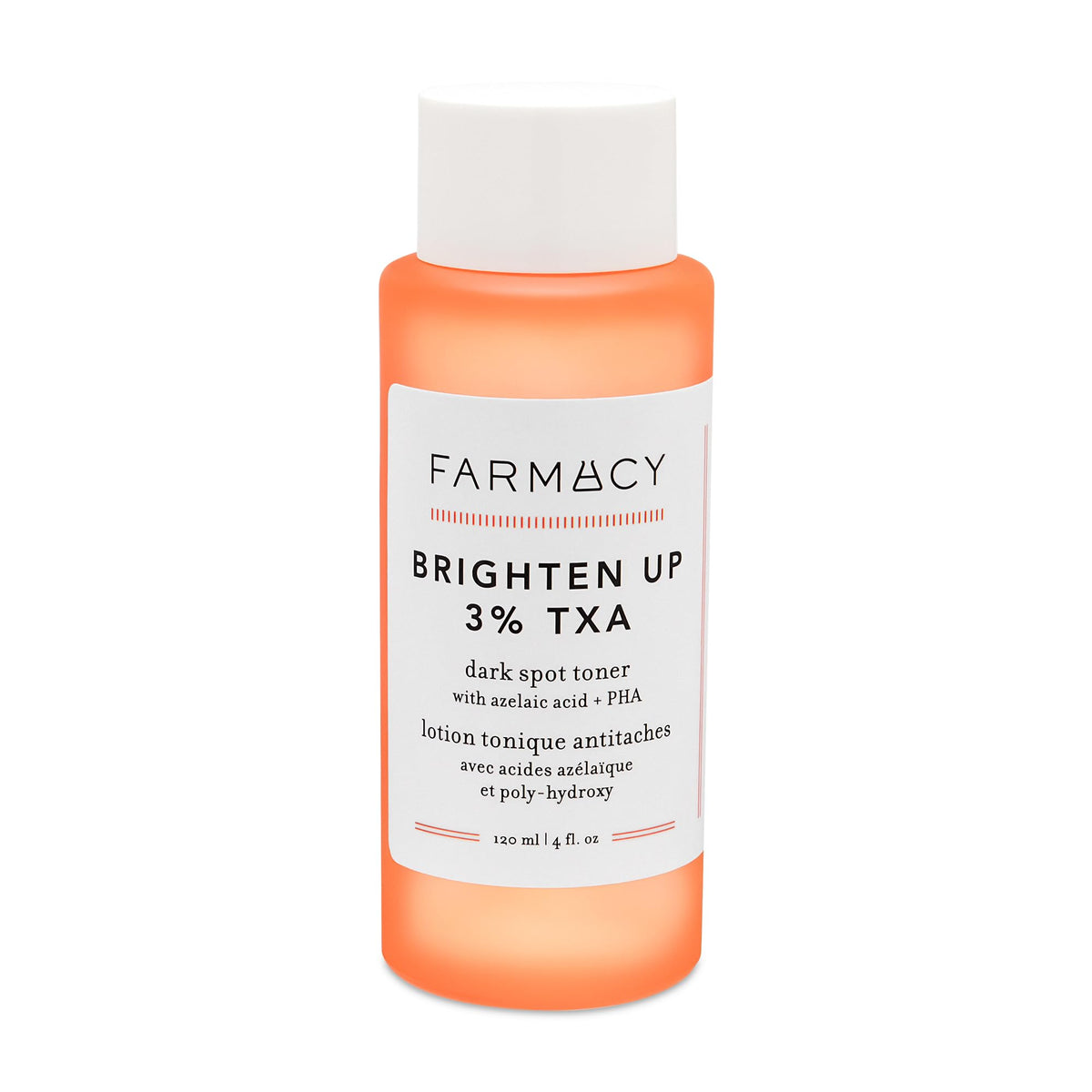 Farmacy 3% TXA Brightening Toner bottle close-up showing texture refinement.