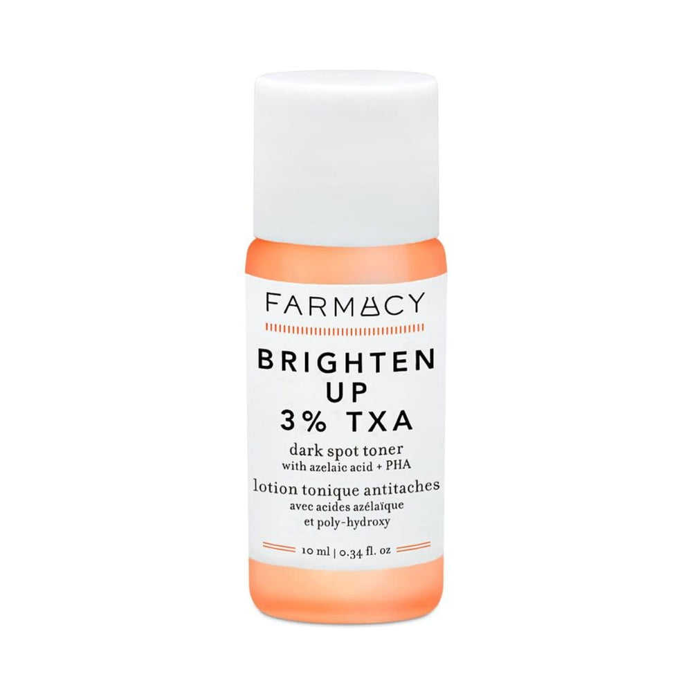 Farmacy Brightening Toner bottle highlighting 3% TXA for a more even complexion.
