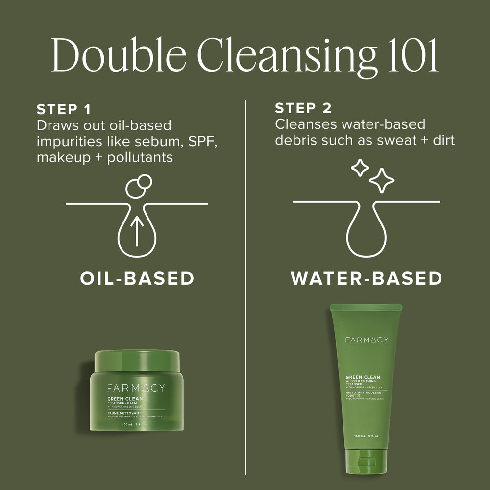 Step-by-step double cleanse with Farmacy Green Clean Balm for best results