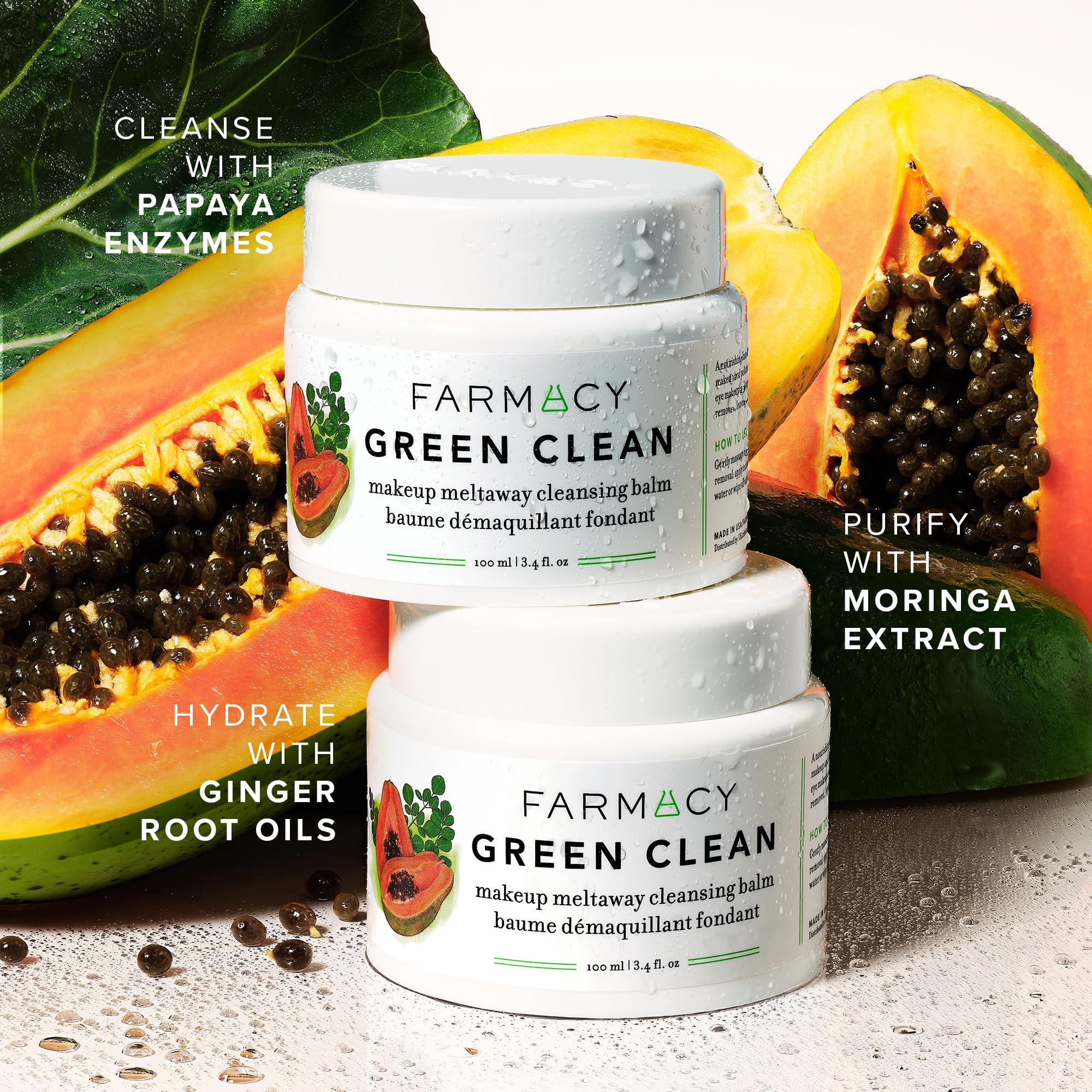 Creamy Green Clean balm texture shown for a rich cleanse before rinsing