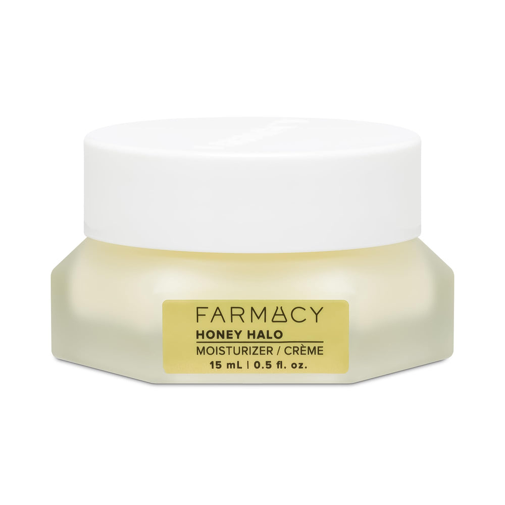 Farmacy Honey Halo jar closeup highlights rich, moisture-locking texture for dry skin care.