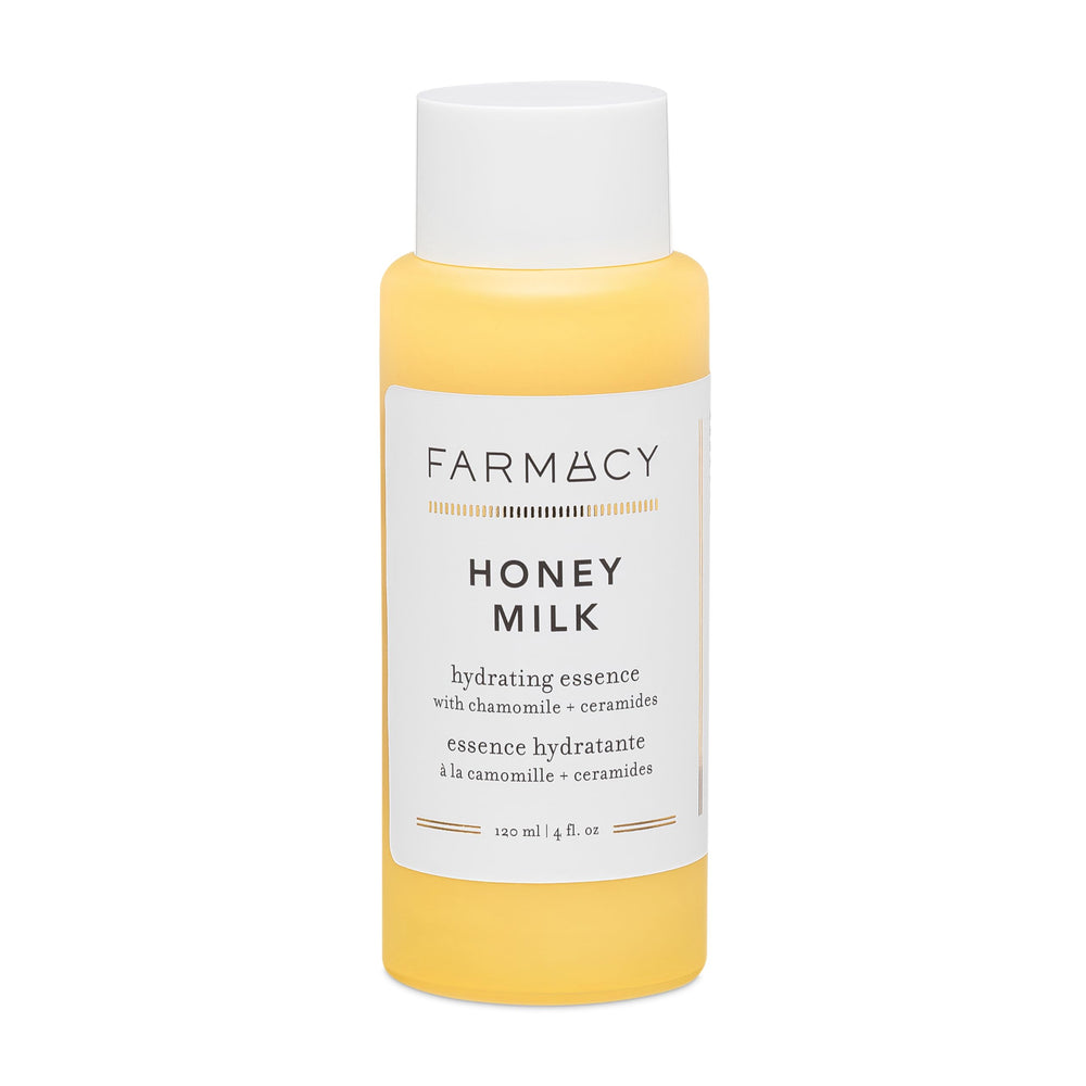 Honey droplets highlight soothing moisture from Farmacy essence.