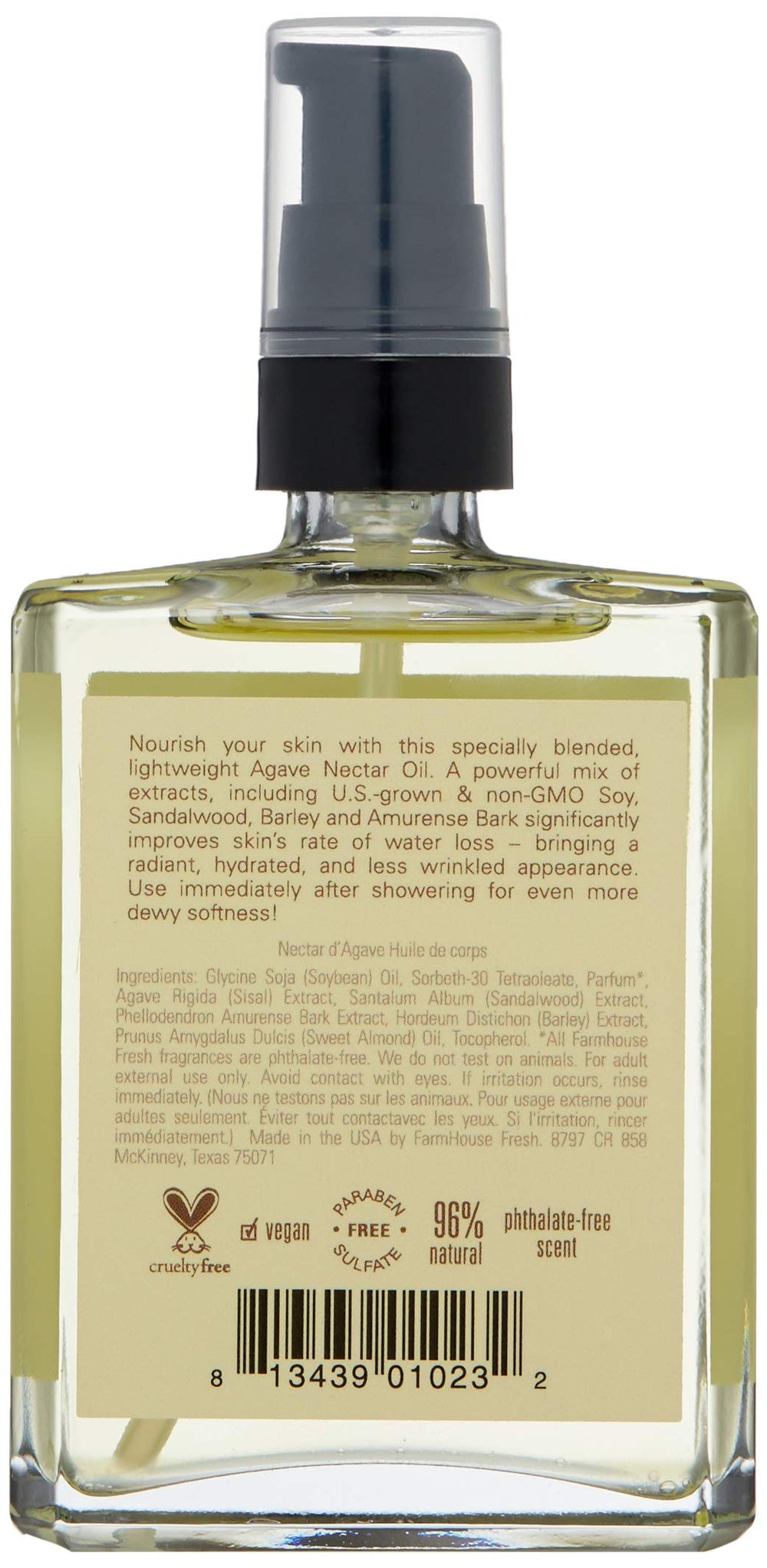 FarmHouse Fresh Agave Nectar Ageless Body Oil bottle on vanity delivering deep hydration