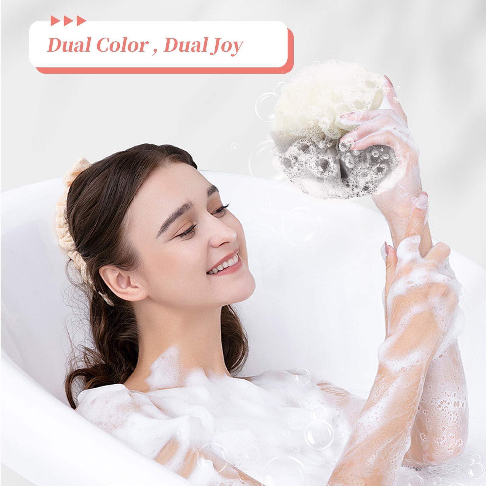 Farmoga bright color loofah with hanging ribbon stays tidy after use.