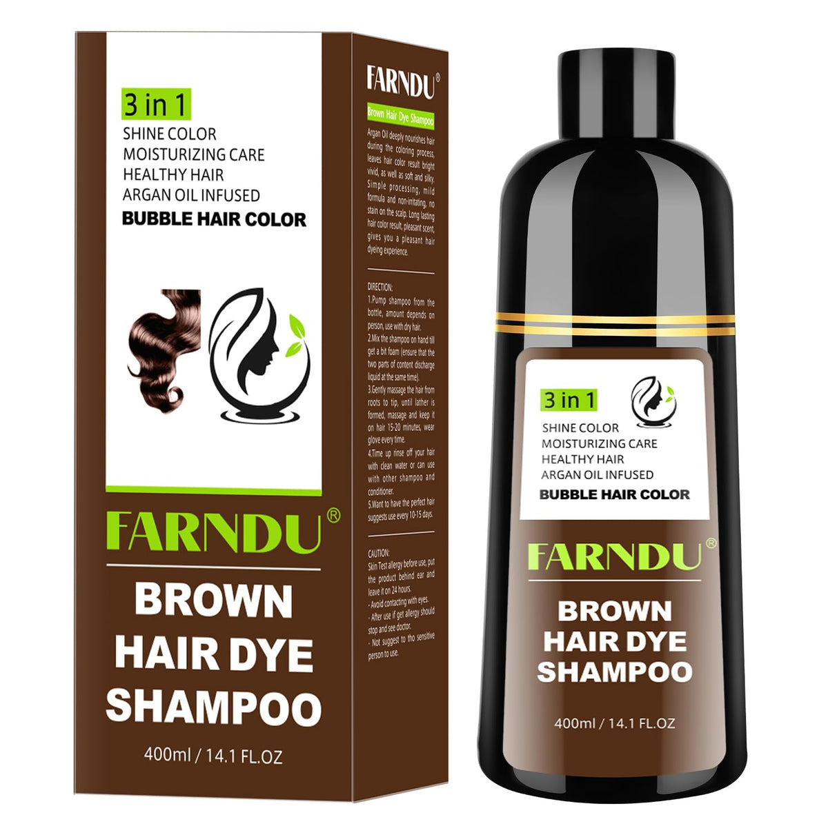 Farndu Brown Hair Dye Shampoo bottle pump enables easy, mess-free at-home application.