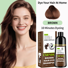 Farndu Brown Hair Dye Shampoo packaging highlights natural ingredients for informed use.