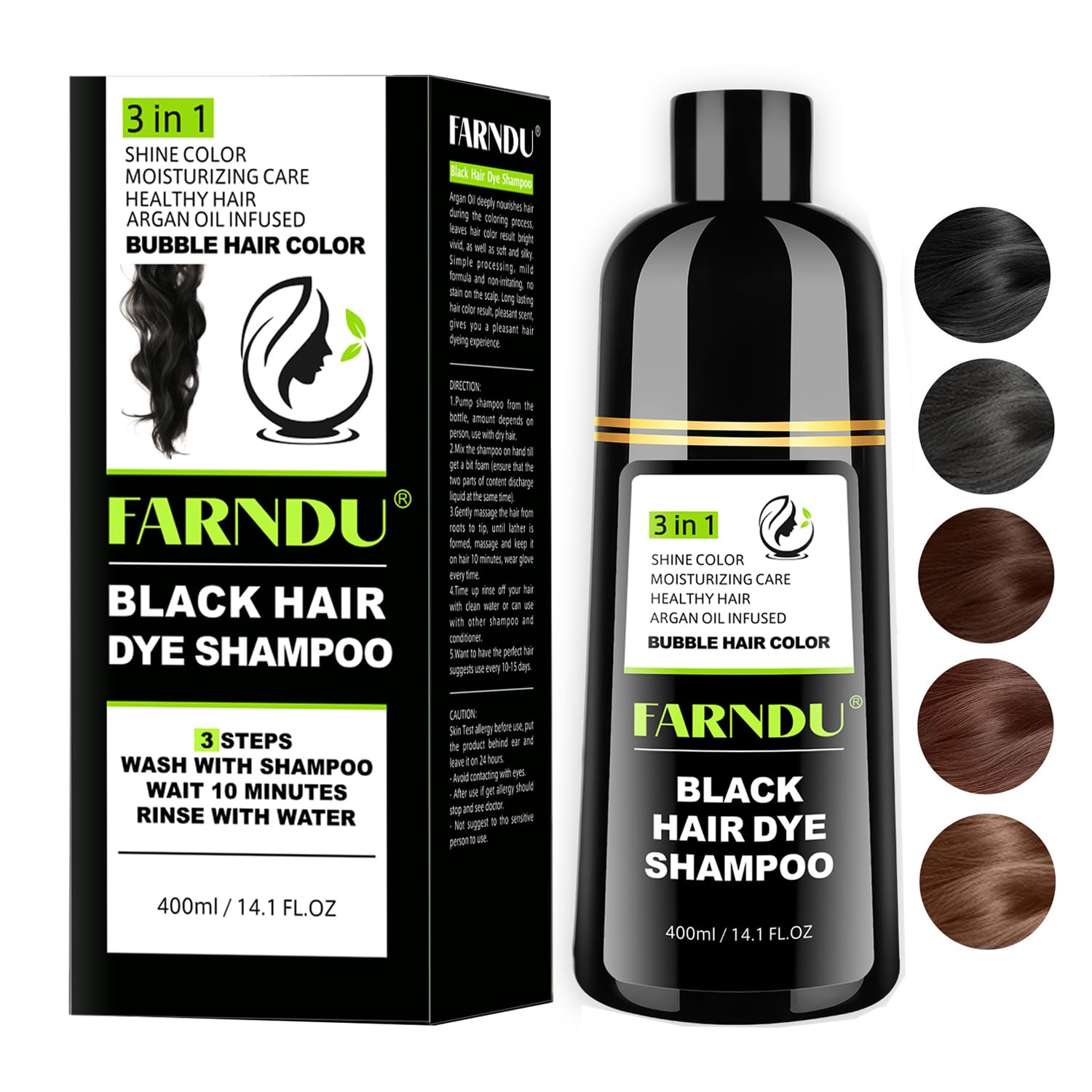 Farndu champú color canas, botella mostrando cobertura de canas