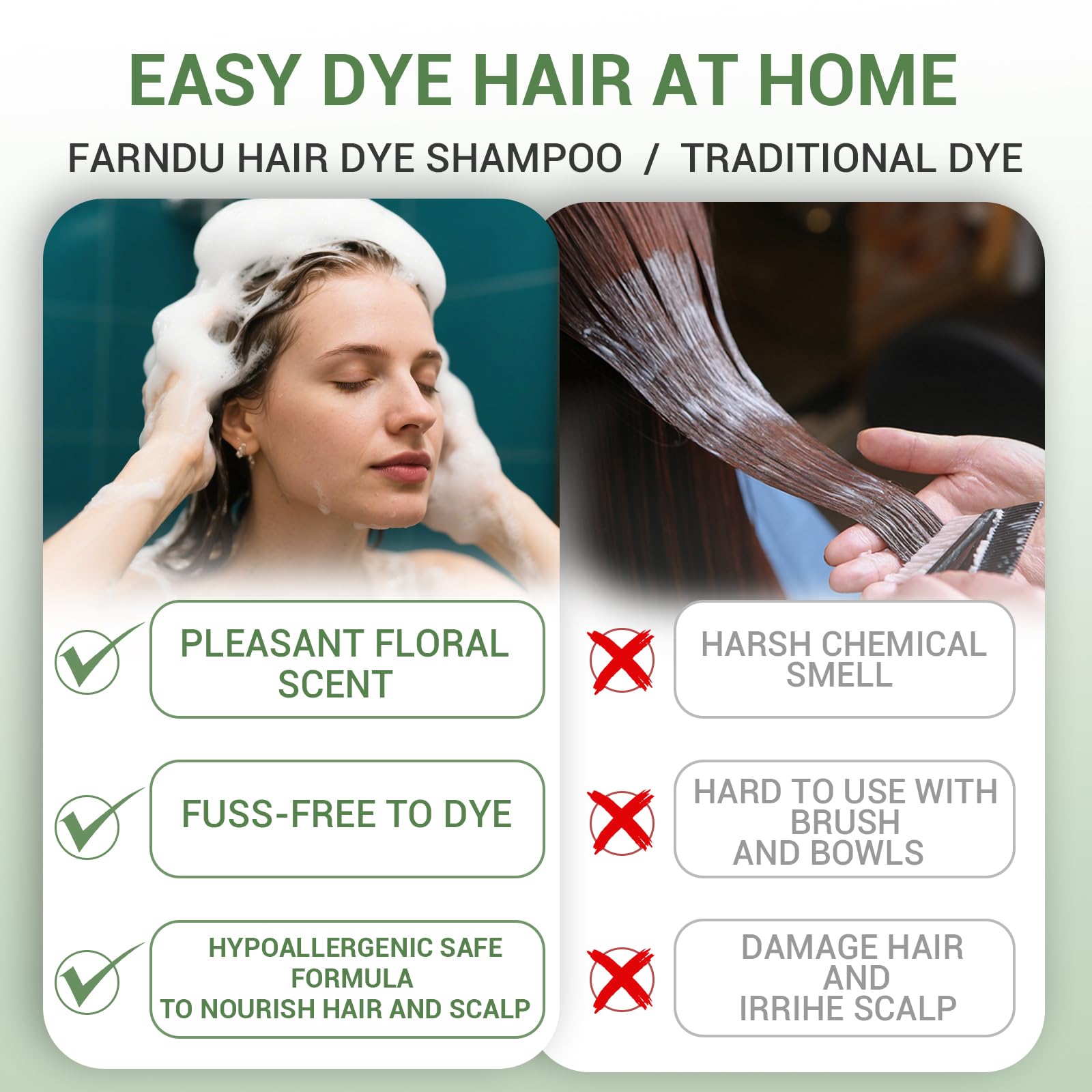 Farndu shampoo lather and rinse scene conveys cleansing plus color in one step.