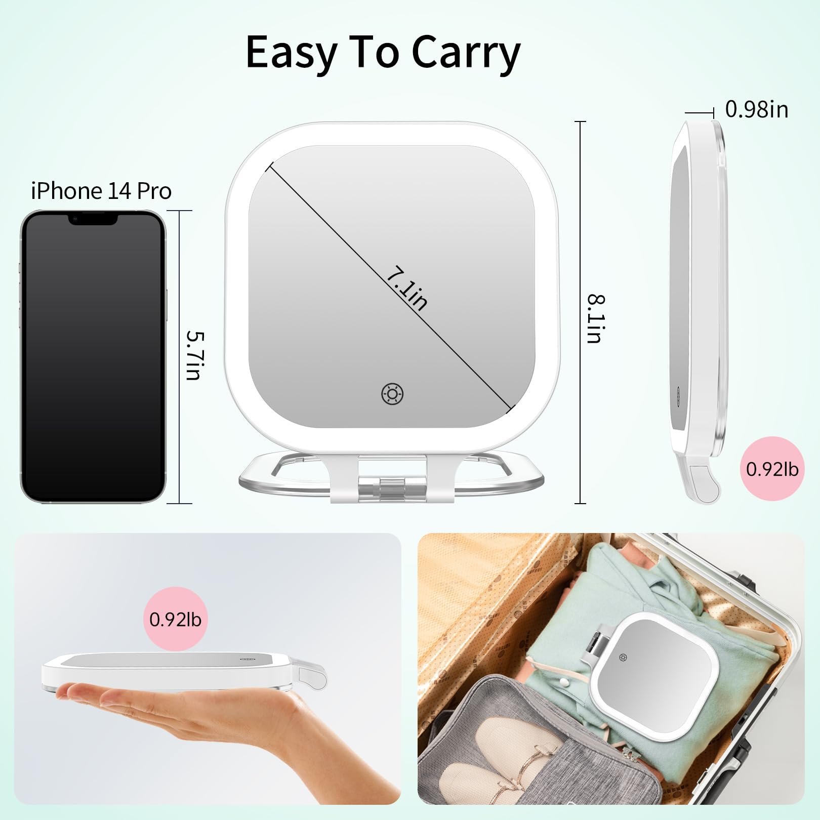 FASCINATE compact, lightweight travel mirror fits easily in a bag.