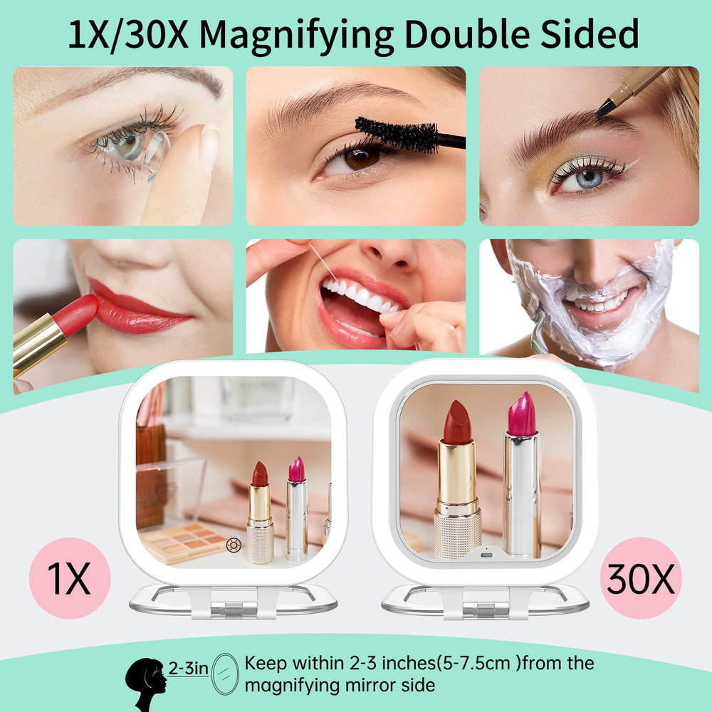 FASCINATE double-sided mirror offers 1x and 30x magnification for full and close-up views.