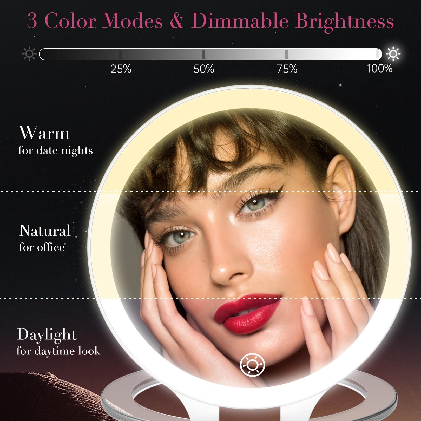 FASCINATE LED-lit mirror provides even illumination for makeup.