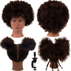 Fashion Color Care Afro mannequin head with stand for display and practice.