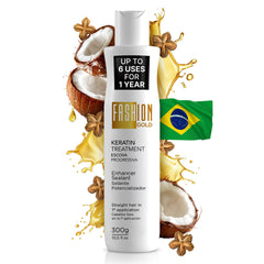 Fashion Gold keratin bottle pour shows a formaldehyde-free treatment ready for frizz control.