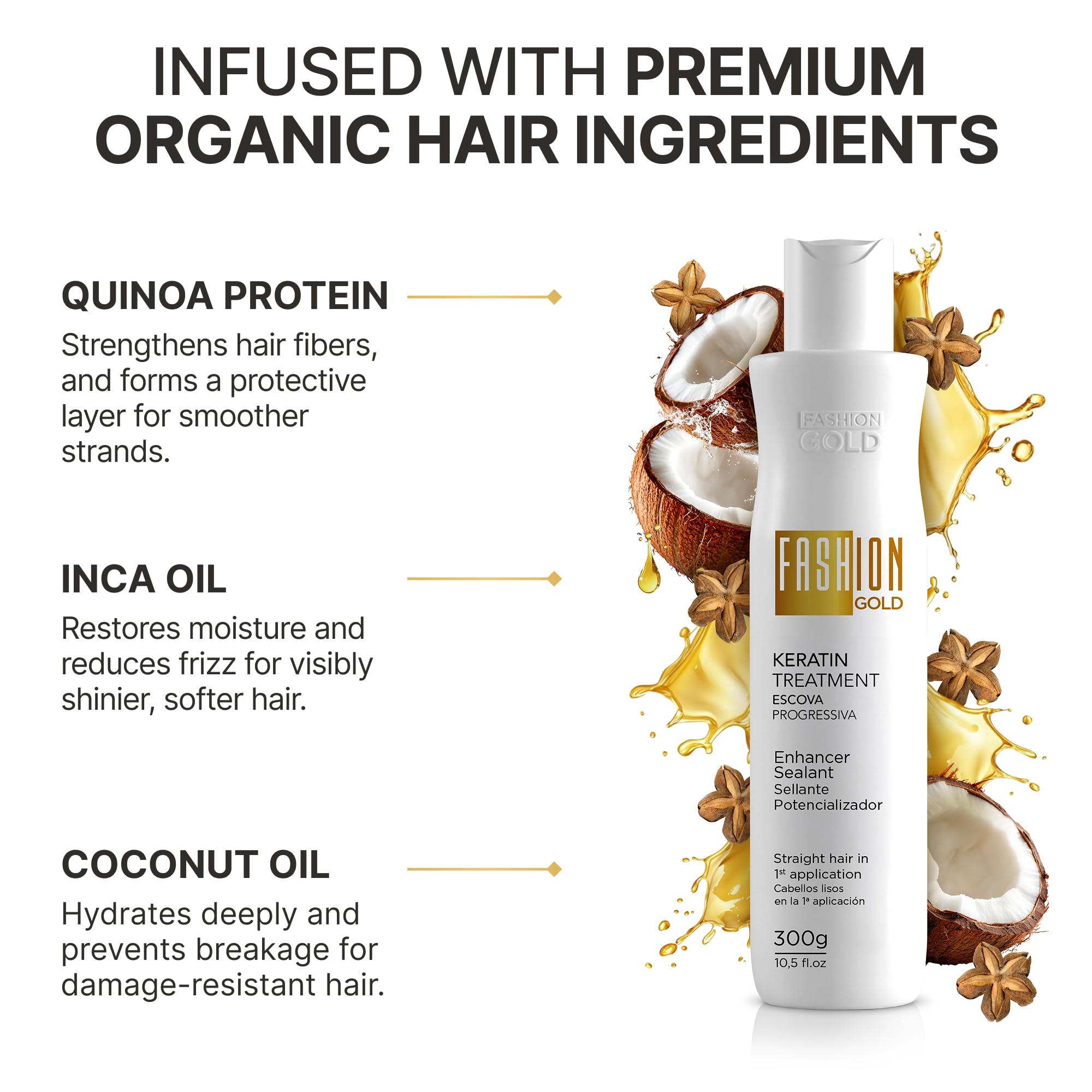 Fashion Gold coconut oil infusion emphasizes lightweight moisture and elasticity.