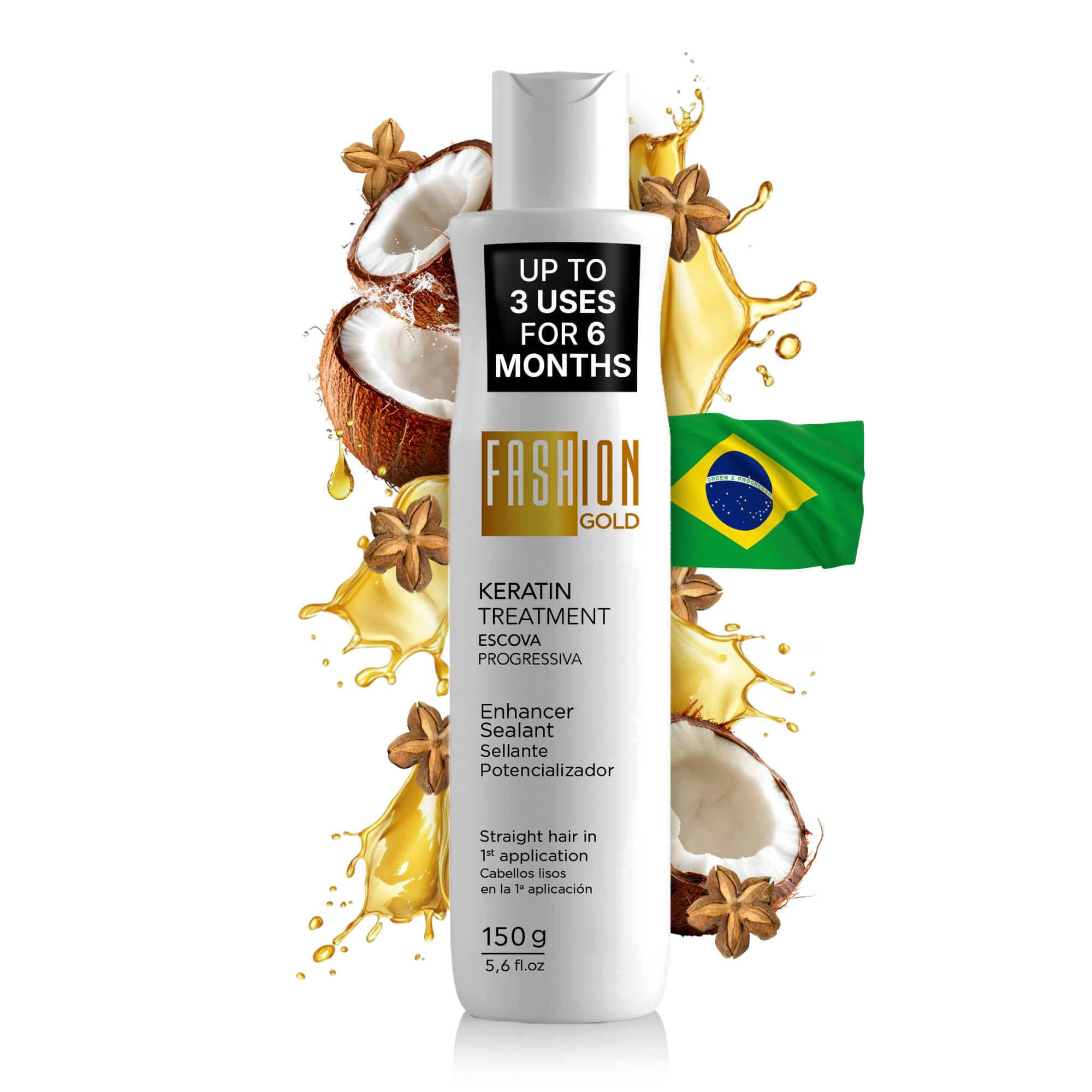 Fashion Gold keratin bottle close-up, highlighting frizz-control formula.