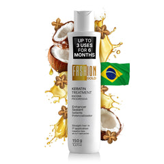 Fashion Gold keratin bottle close-up, highlighting frizz-control formula.