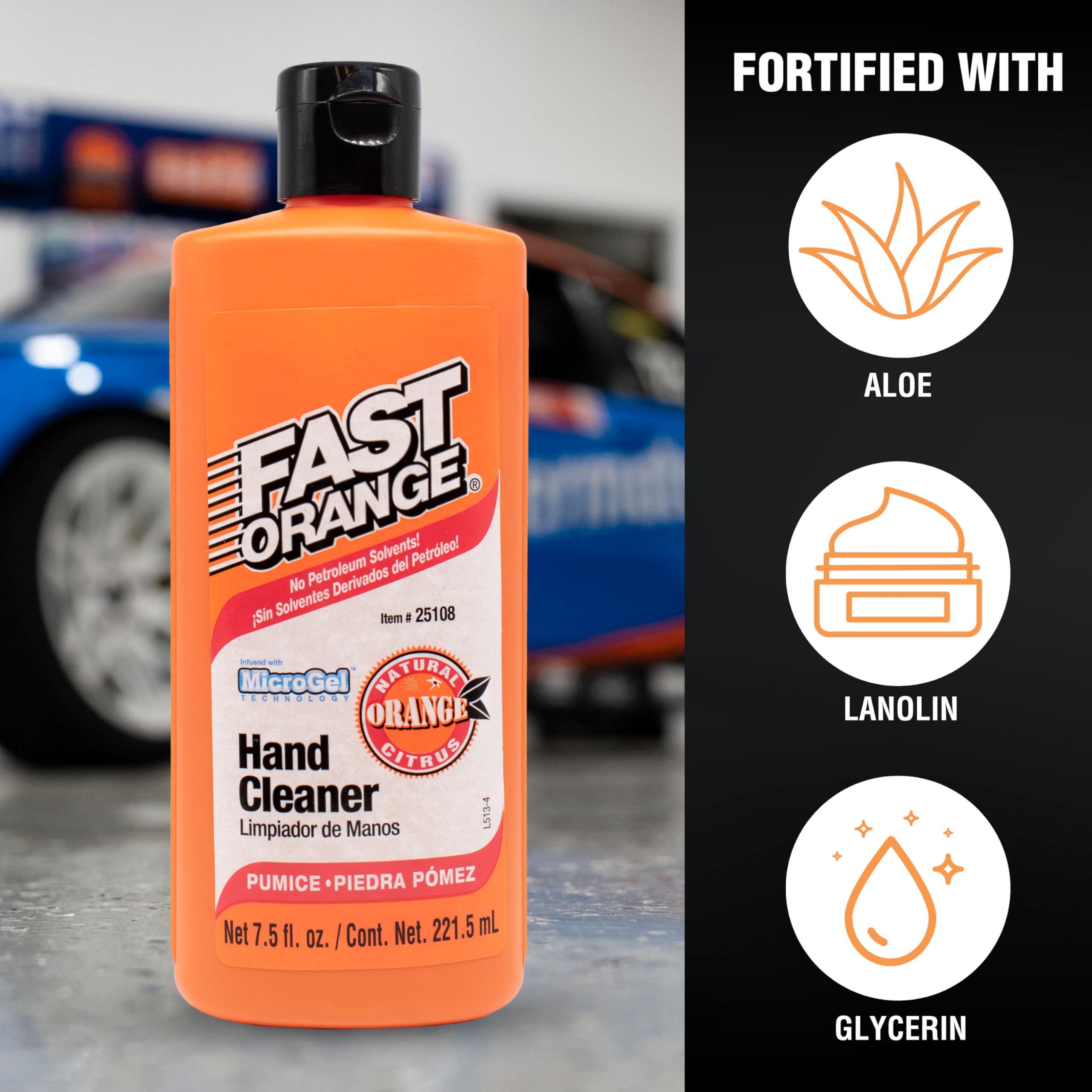 Closeup of label on Fast Orange 25108 Pumice Lotion highlighting aloe and glycerin.