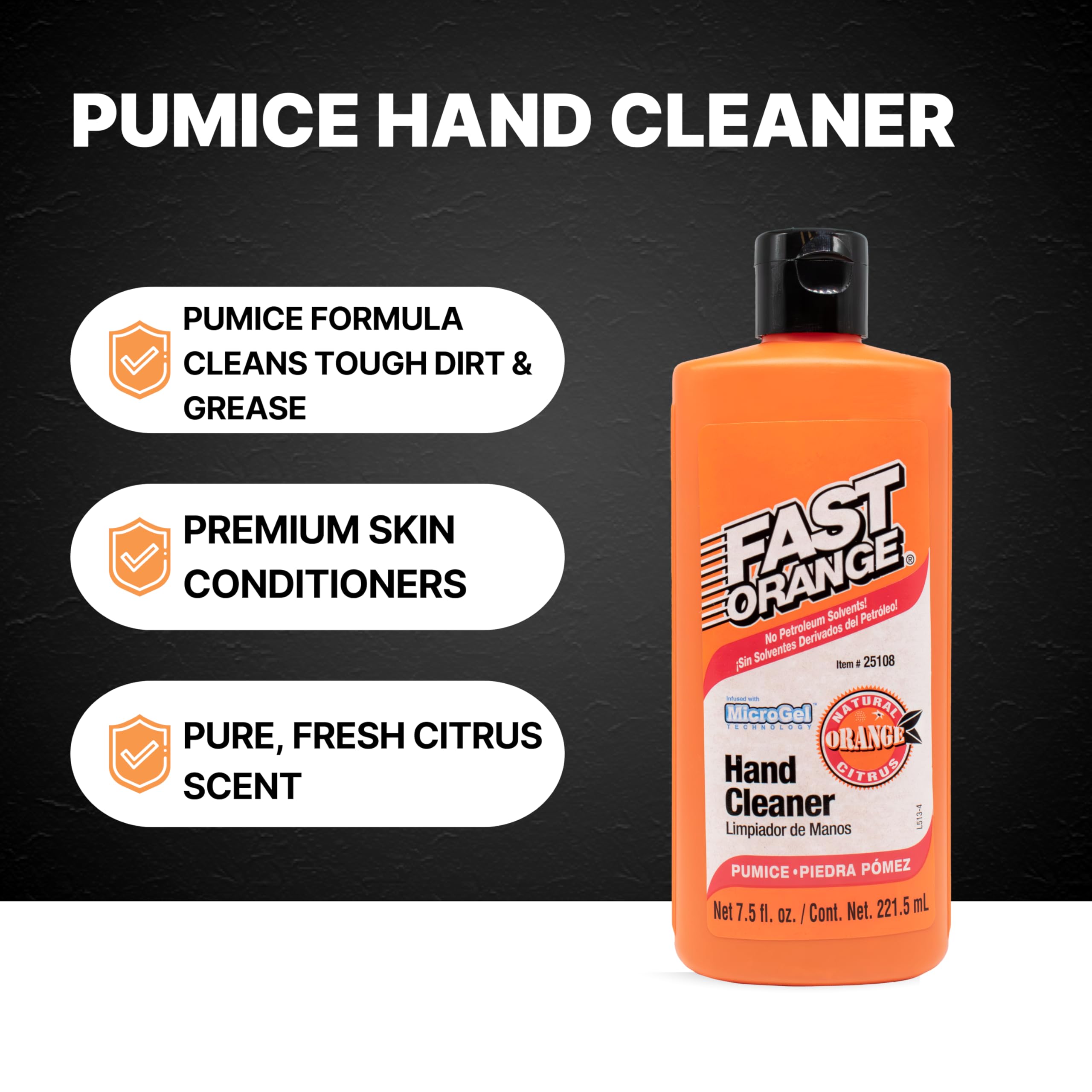 Pump-dispense action of Fast Orange 25108 Pumice Lotion shown for easy use.