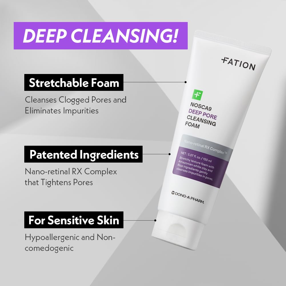 Fation Nosca9 espuma de limpieza con aminoácidos y Retinal RX para cuidado diario.