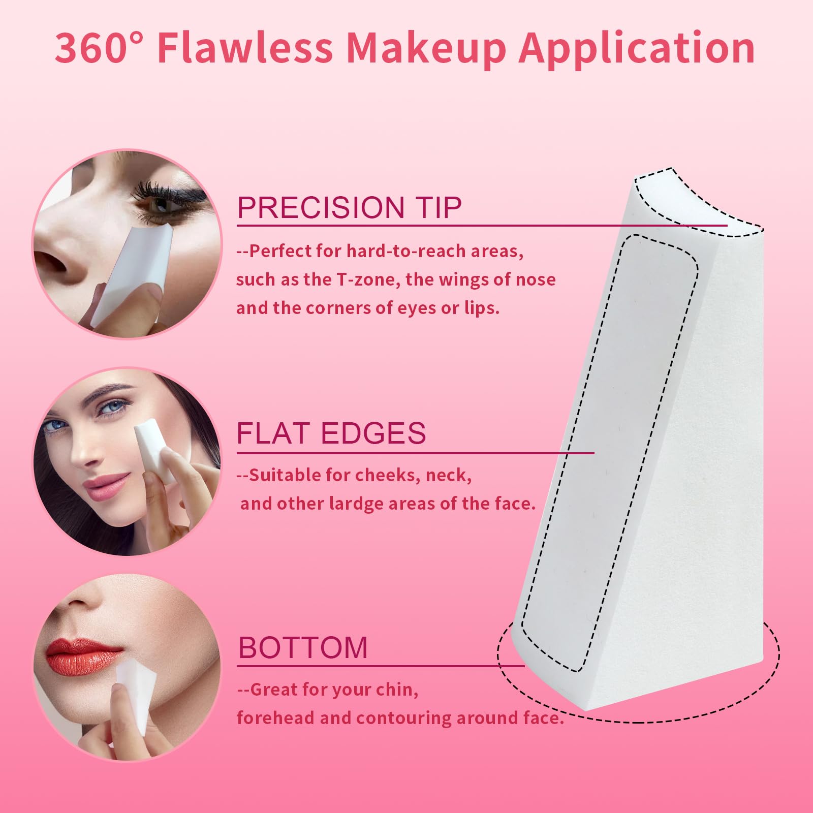 Fauxomor triangle sponge highlighting soft tip and flat edges for full-face reach