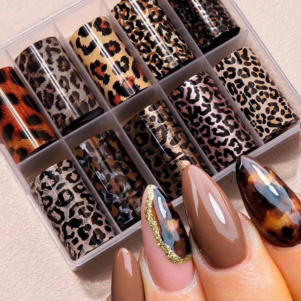 FBABFBUO leopard nail foil transfer for quick salon-like results on natural or artificial nails.