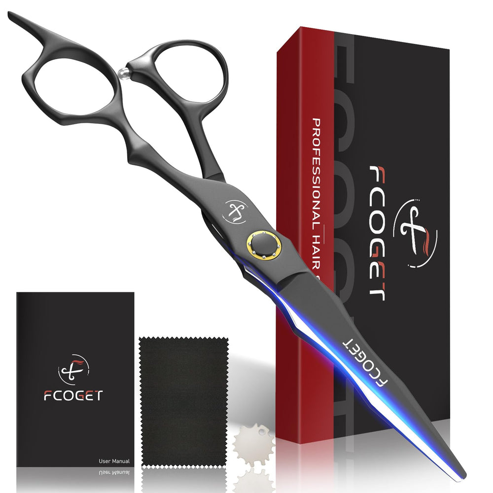Fcoget hair cutting scissors blade close-up showing ultra-sharp 0.01mm precision for clean cuts