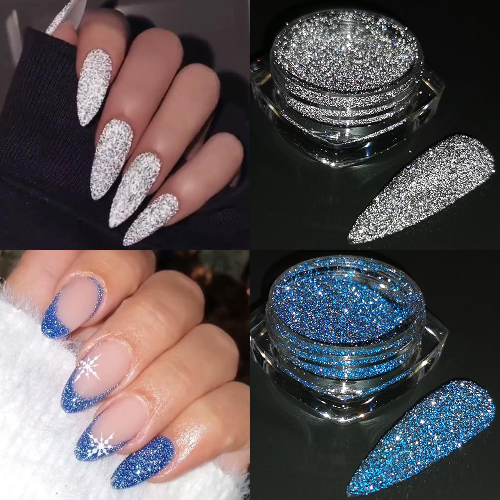 Polvo brillante azul de Fcozpjk, destellos para tips y manicura francesa.