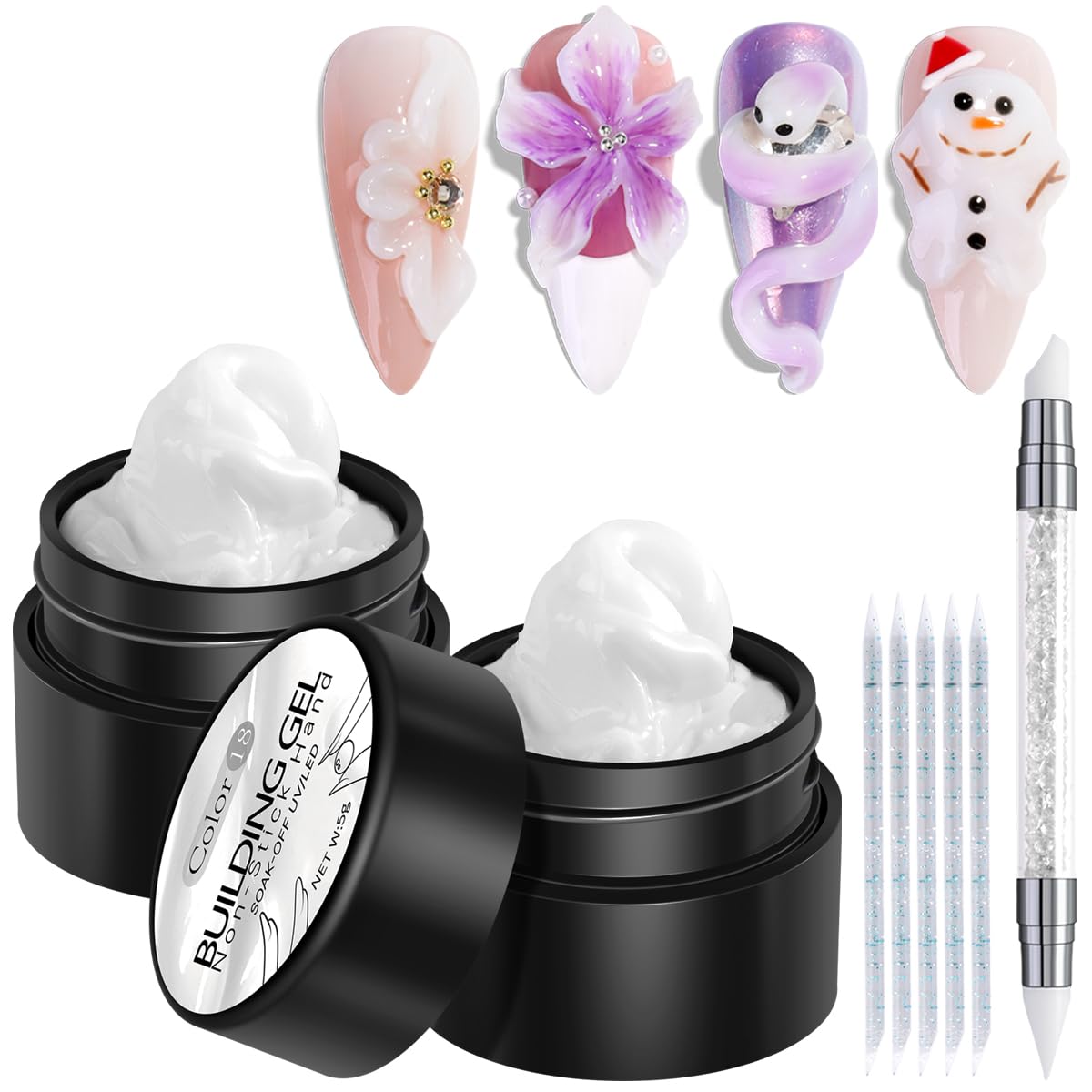 Fcozpjk solid builder gel white kit with silicone pen for precise 3D nail art.