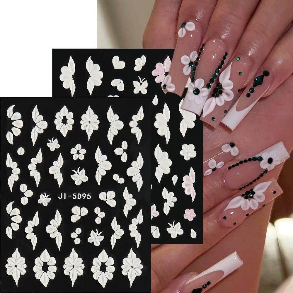 Fcozpjk white flower nail stickers pack for clean accent nails
