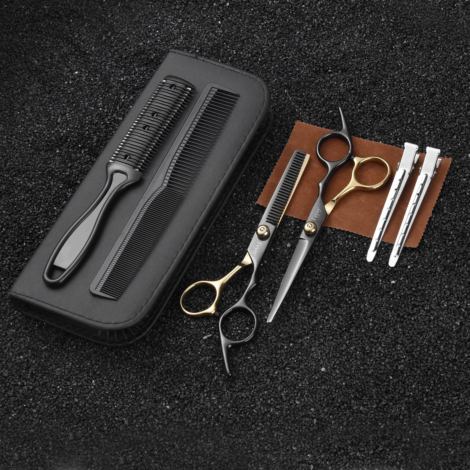 Fcysy professional 6-inch barber shears ideal for neat layering and texturizing.