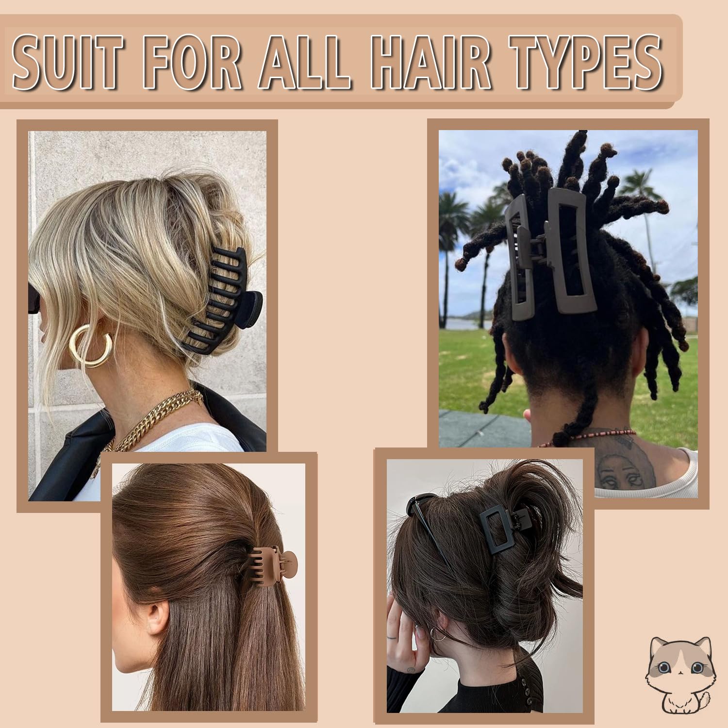 FDBJulyy large-to-small claw clips stacked demonstrate four sizes for versatile styling.