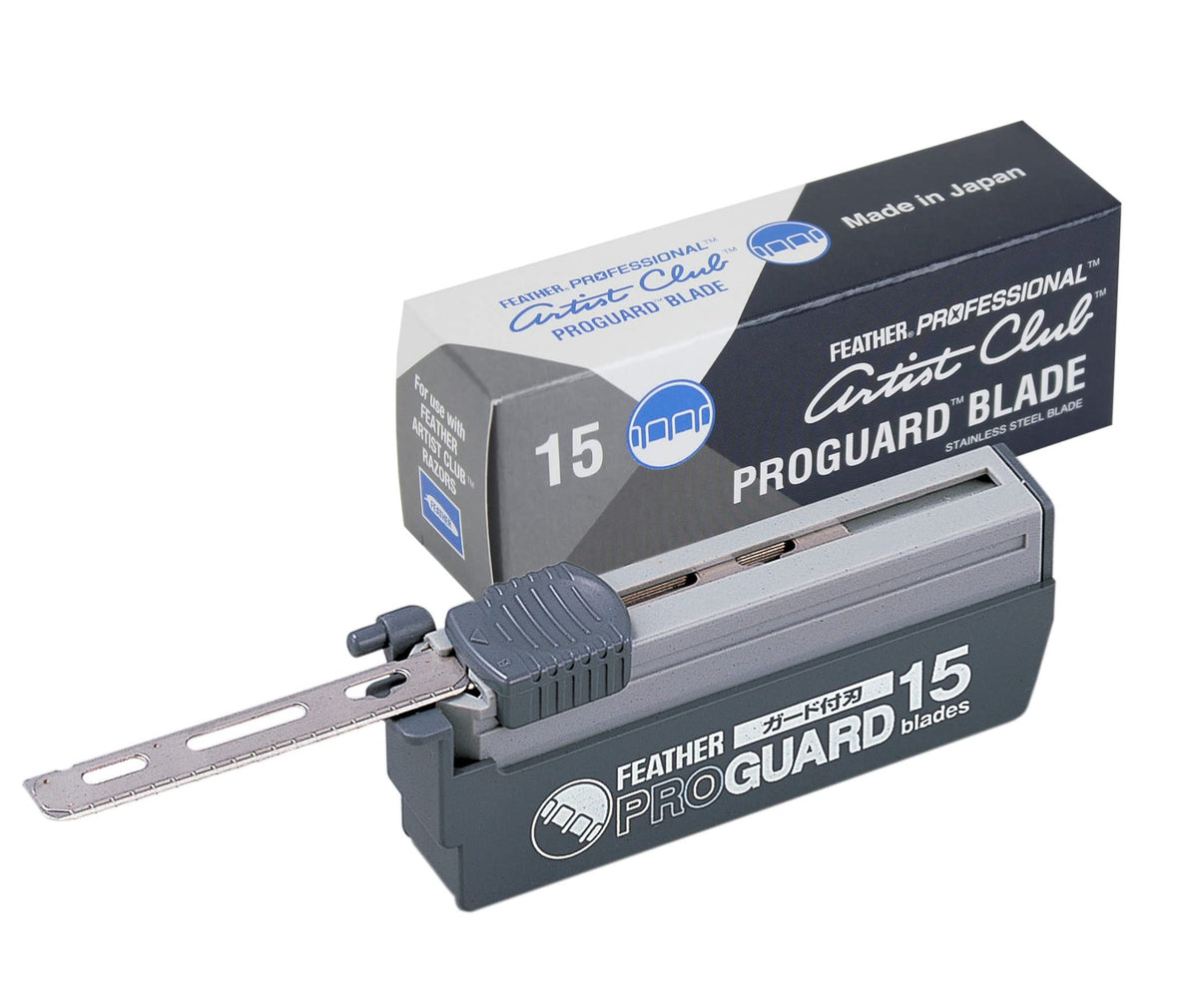 Feather Artist Club ProGuard blades 15-count pack enables precise, safe shaving.
