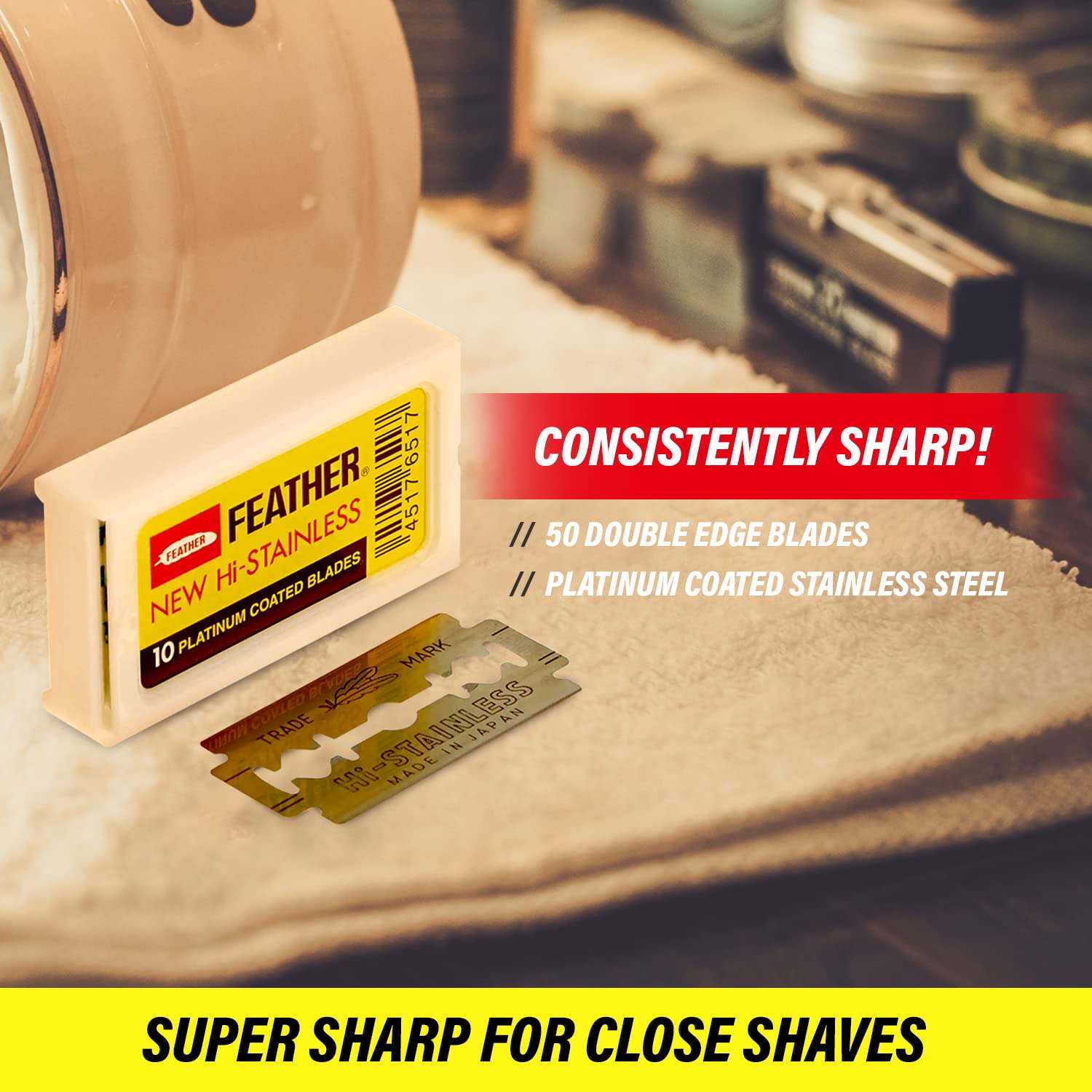 Feather blades fit most double edge razors for versatile grooming.