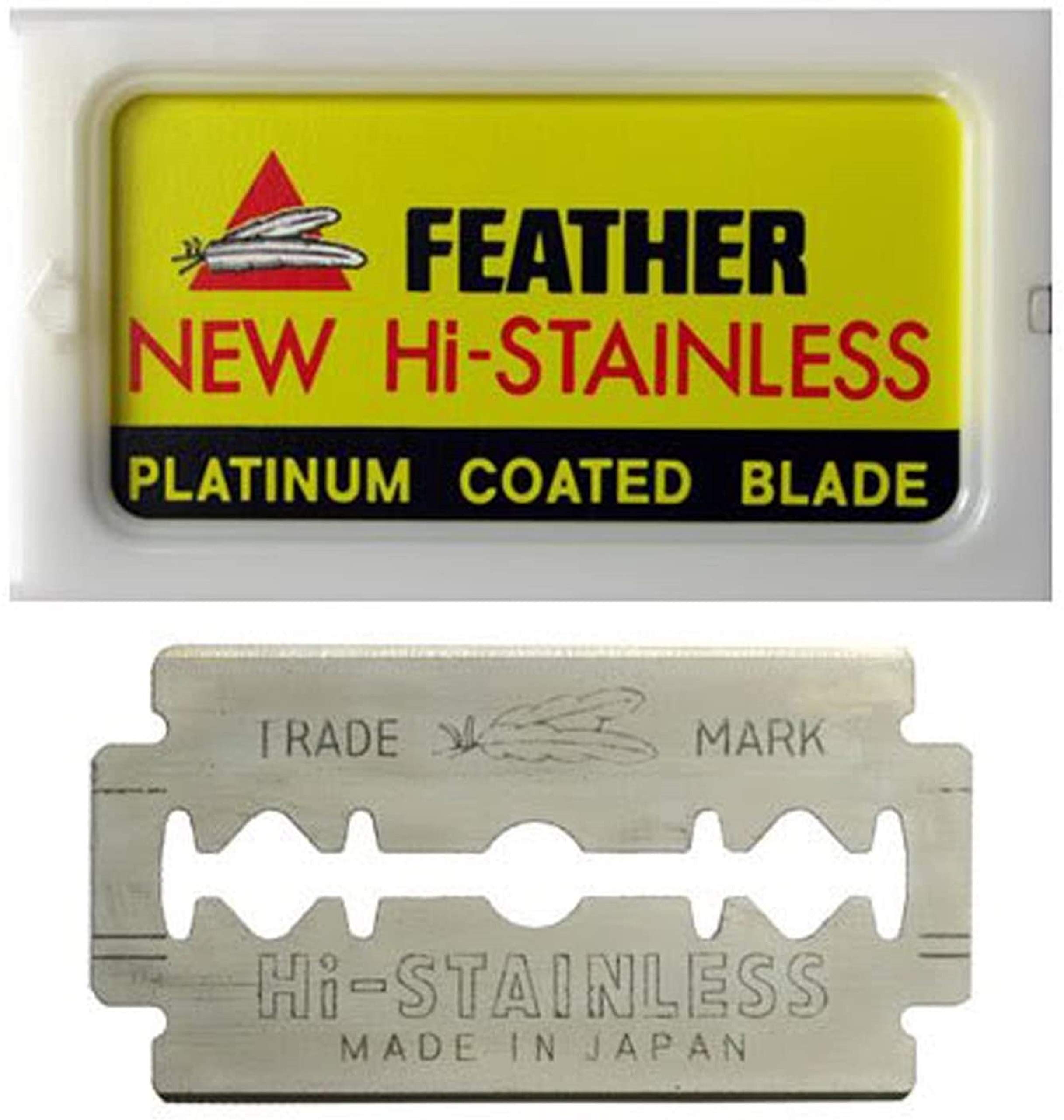 Feather double-edge blades platinum-coated close-up for ultra-sharp, precise shaves.