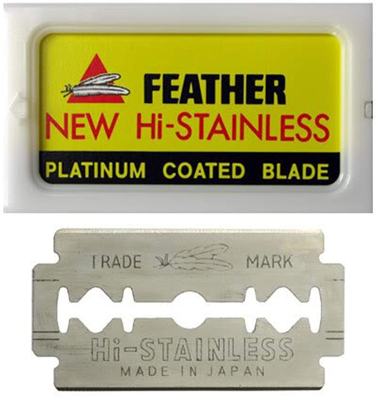 Feather double-edge blades platinum-coated close-up for ultra-sharp, precise shaves.