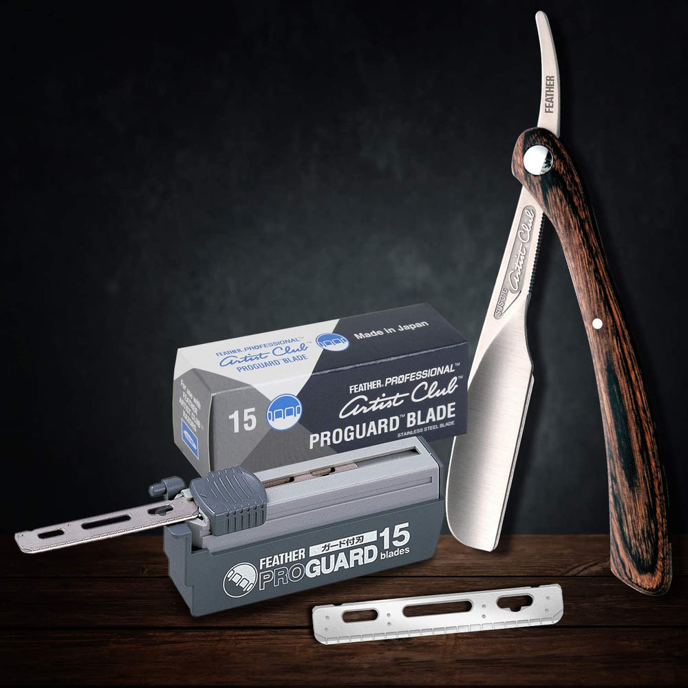 Feather ProGuard blade close-up in stainless steel highlights sharp, durable edge.