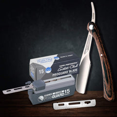Feather ProGuard blade close-up in stainless steel highlights sharp, durable edge.