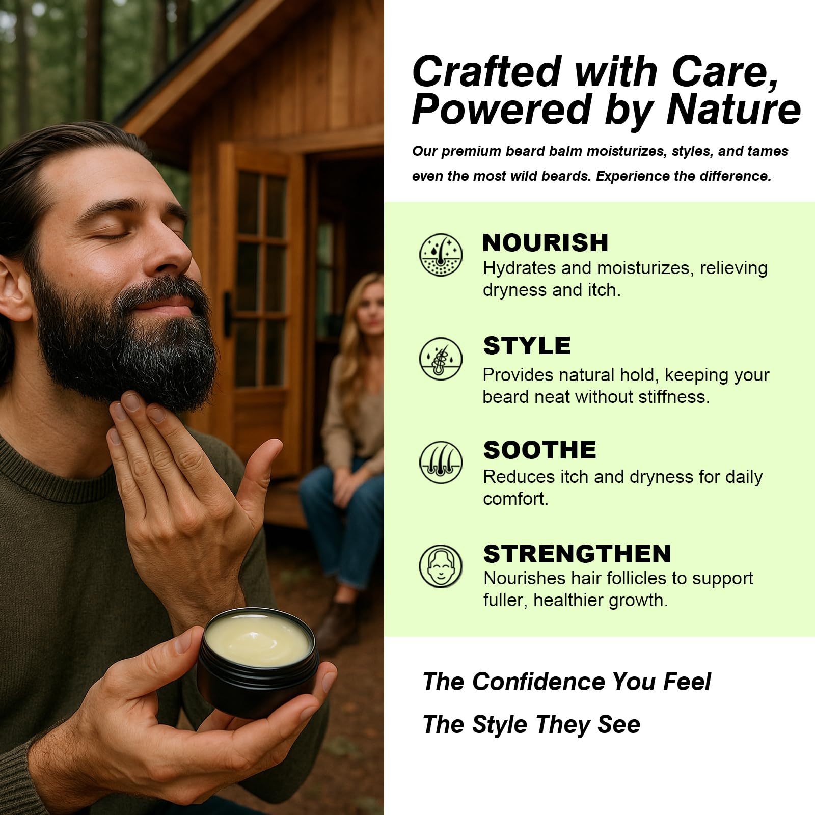 FEBOTE beard balm jar dispensing showing lightweight hold for all-day tame