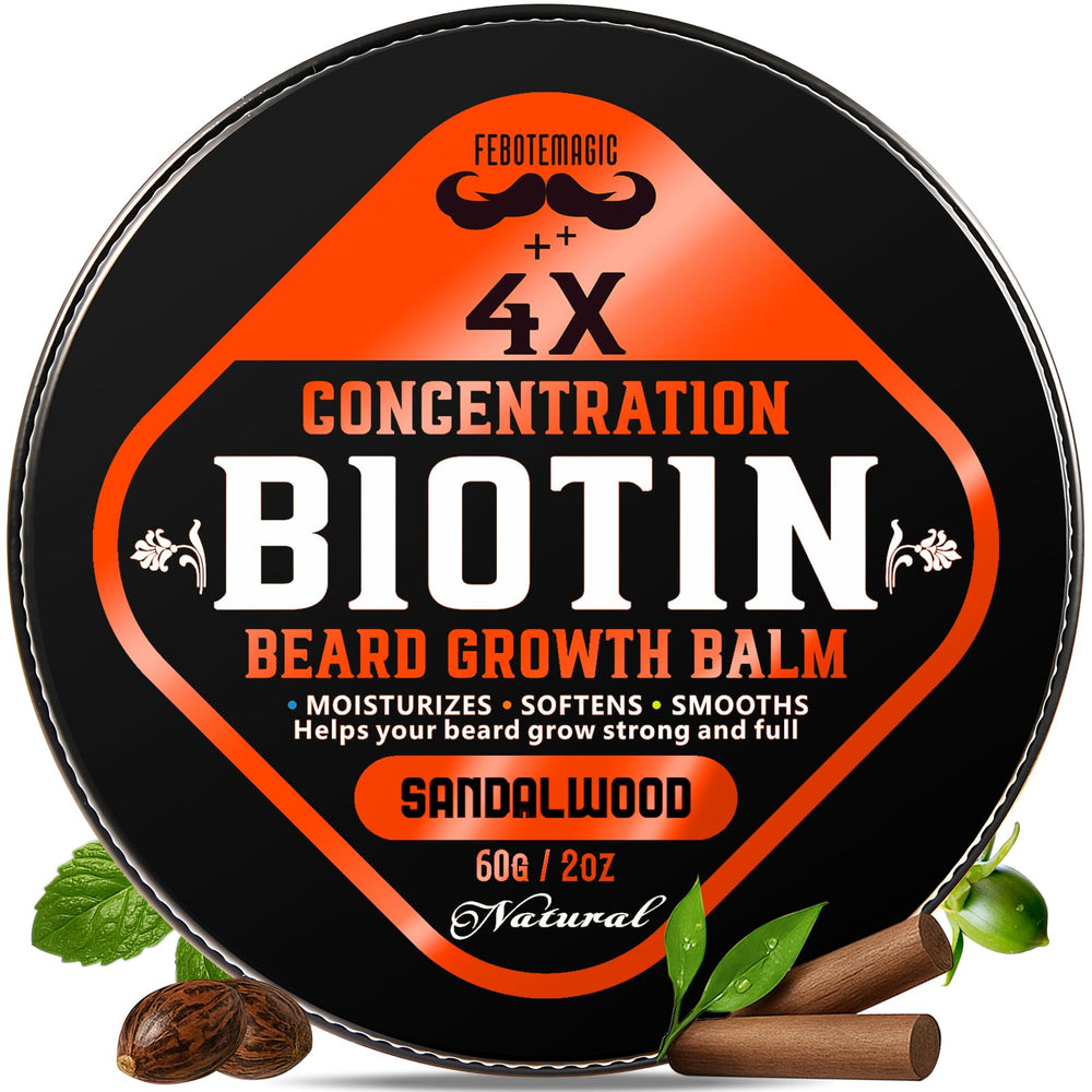 FEBOTE Biotin Beard Balm in sandalwood packaging for a refined, non-greasy finish