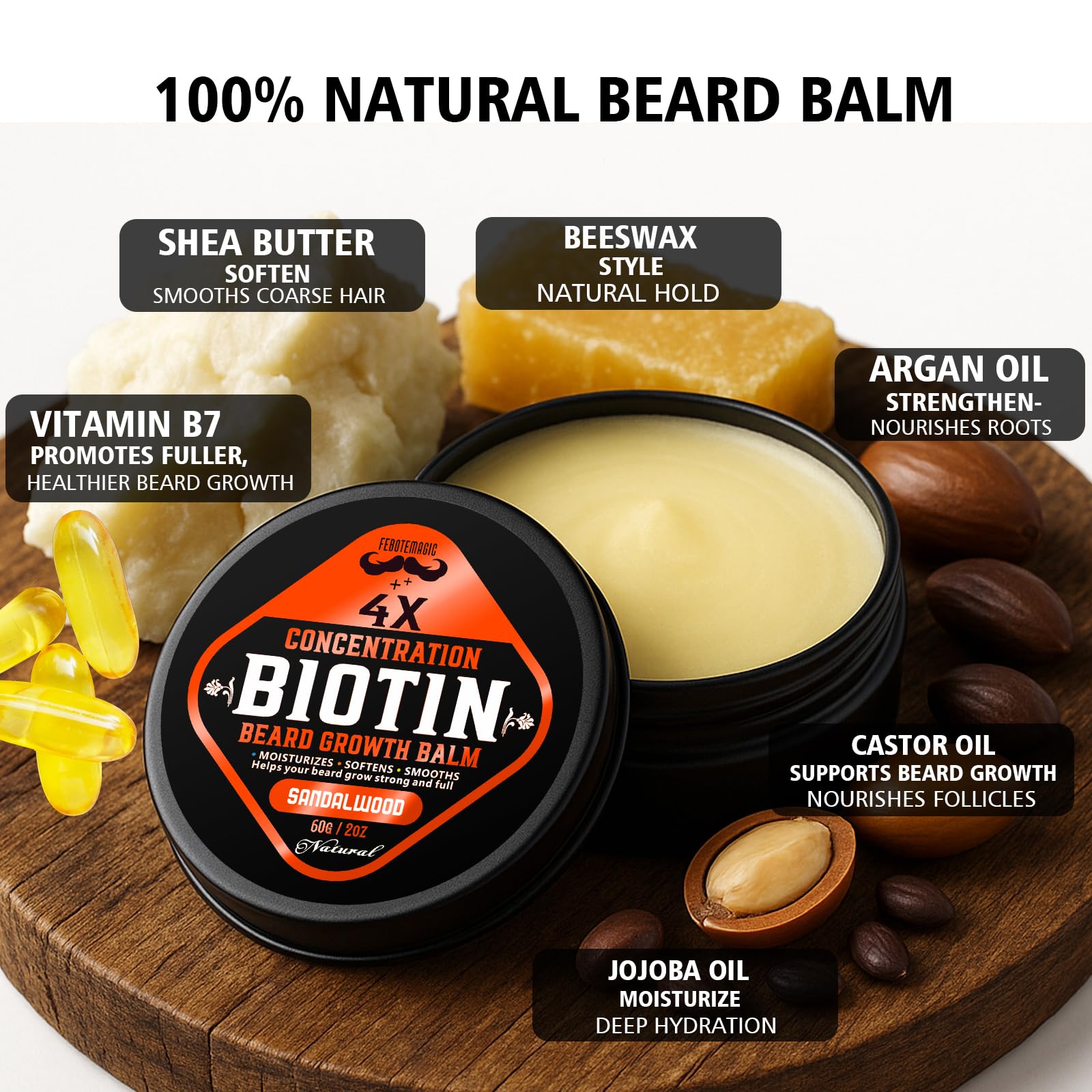 Application scene: smooths and conditions coarse beard fibers with castor and jojoba oils