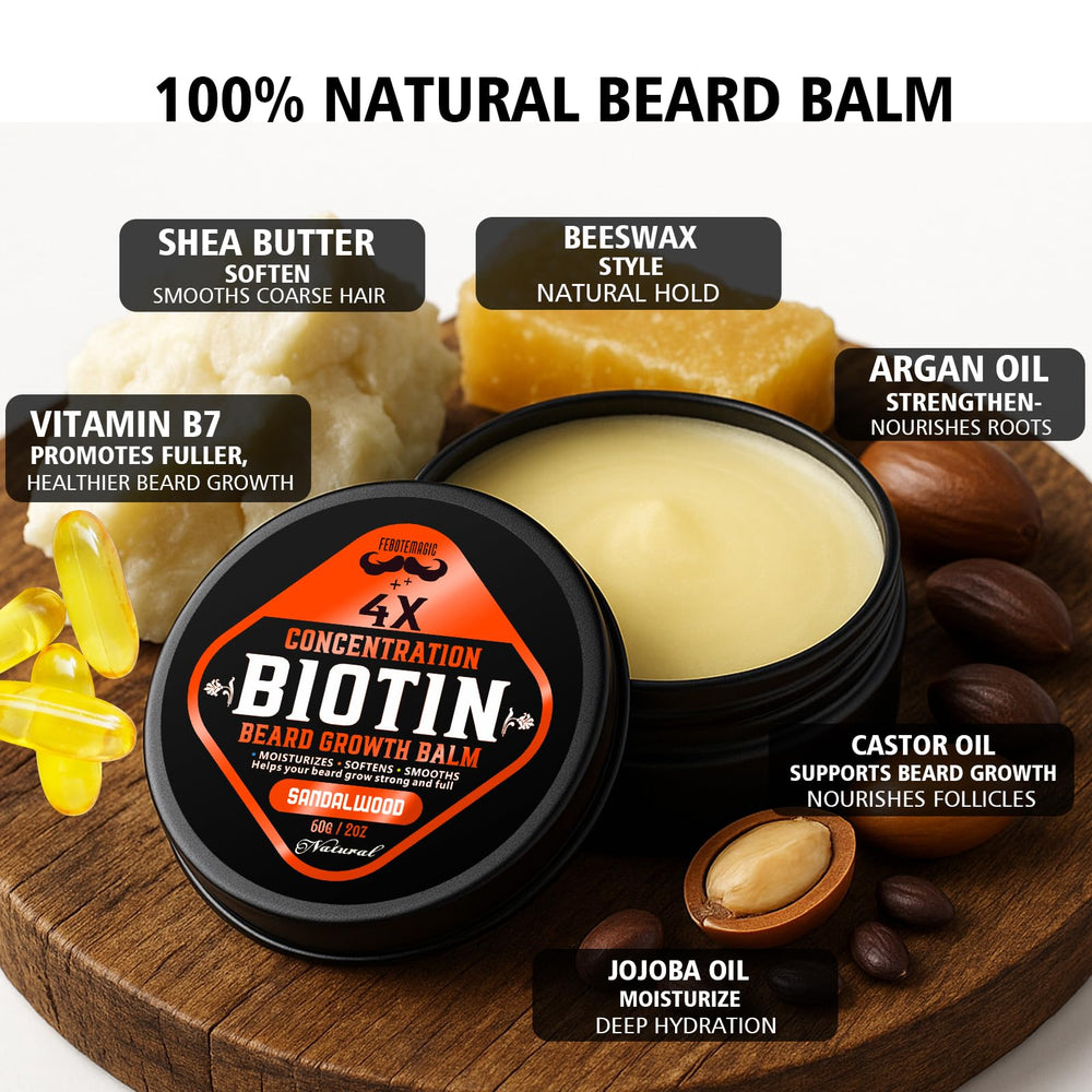 Application scene: smooths and conditions coarse beard fibers with castor and jojoba oils