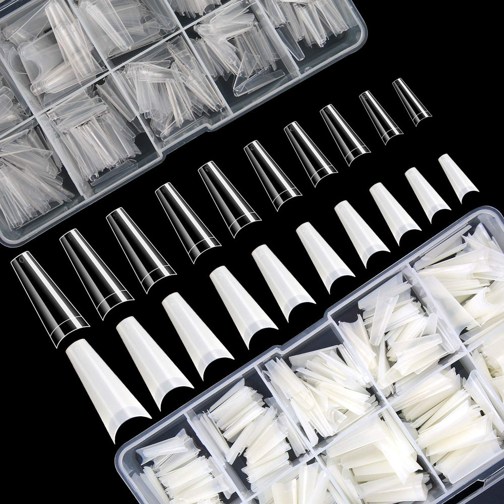 FEBSNOW French coffin nail tips in clear boxes for easy size selection and storage.