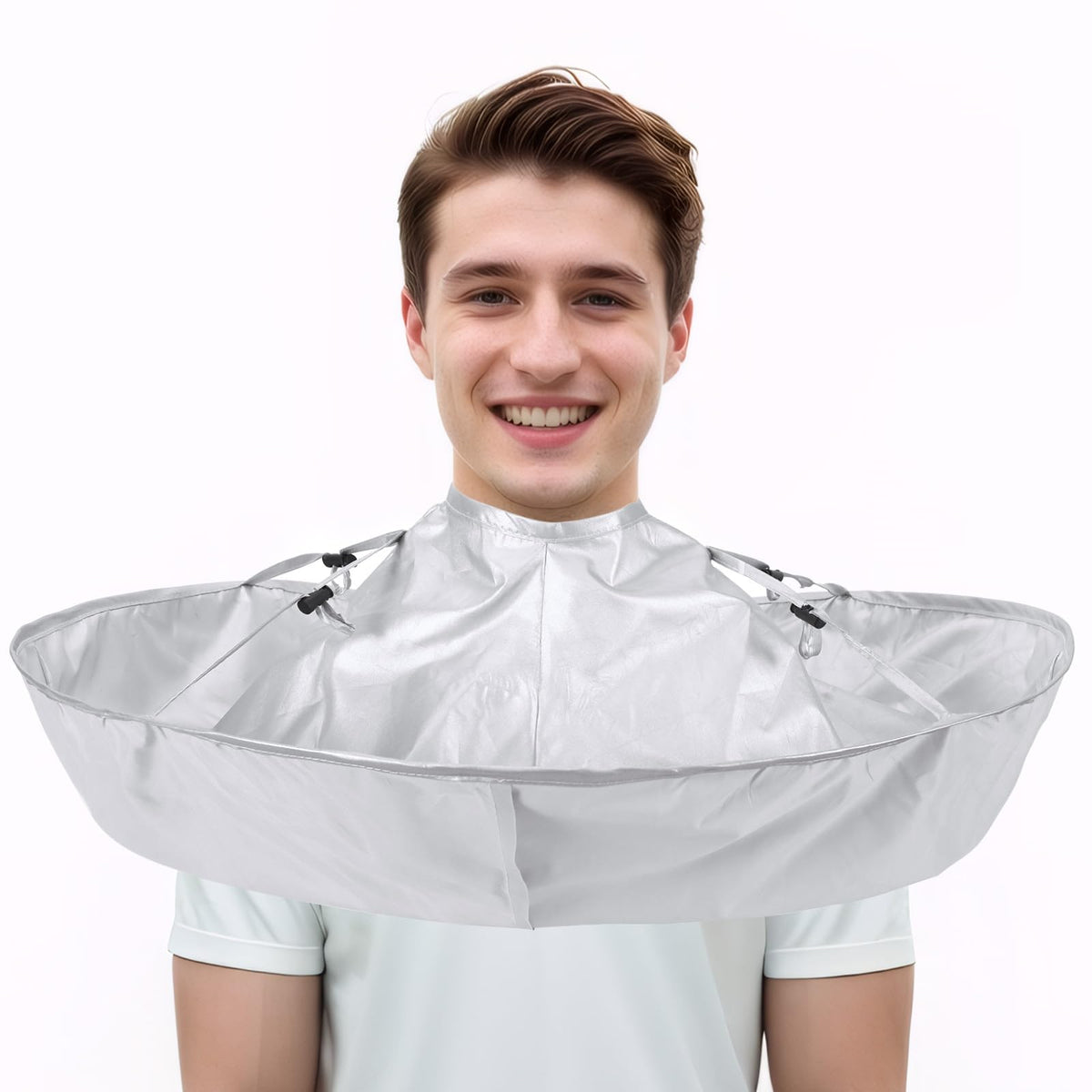 FEBSNOW haircutting cloak with adjustable buckle for a secure fit during home or salon cuts.